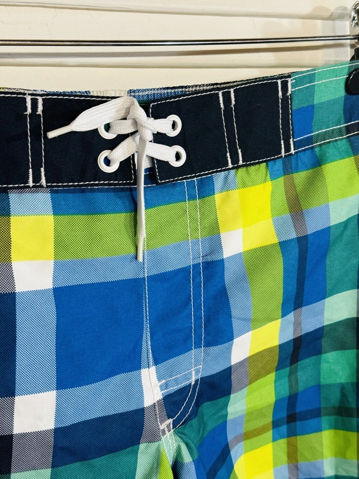 GYMBOREE Swim Blue Green Plaid Trunks Boys 10/12 Large EUC - Image 2 of 4