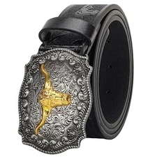 Western Cowboy PU Leather Belt - Men Waist Strap Bull for 31-34" waist Black