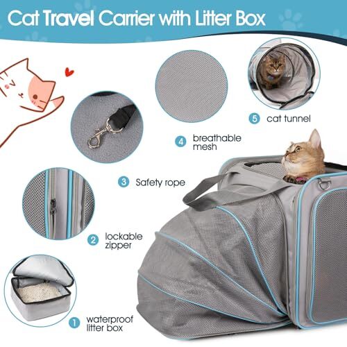 Cat Travel Carrier with Litter Box, Expandable Pet Carrier with grey eBay