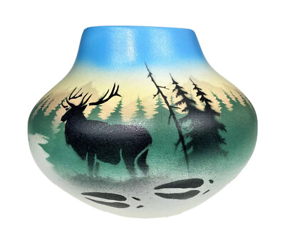 Pottery Vase Elk Deer Eagle Mountain Wilderness Alaska Signed Cottage Core