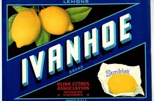 Ivanhoe Lemons Sunkist Fruit Crate Label Original Vintage 1940's Klink Citrus CA