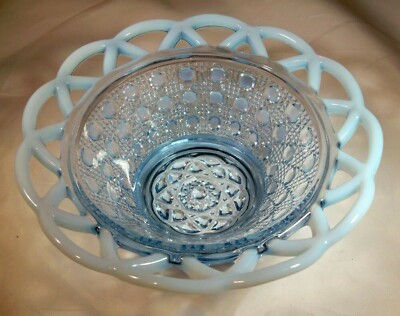 IMPERIAL GLASS BLUE OPALESCENT SUGAR CANE LINE 6'' DIAMETER OPEN LACE BELLED BOWL