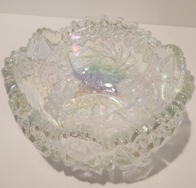 1960s Le Smith White Carnival Glass Bowl Comet and Stars Iridescent Pinwheel 