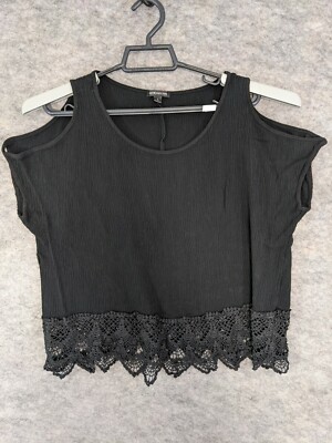 Moa Moa Top Women Large Black Crinkle Fabric Short Cold Shoulder Sleeve Lace Hem