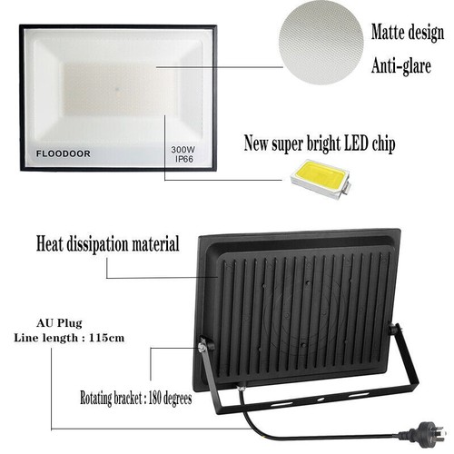 300W Flood Light 12000LM Outdoor 220V AU Plug Cool White IP66 Landscape Lights - Picture 2 of 11