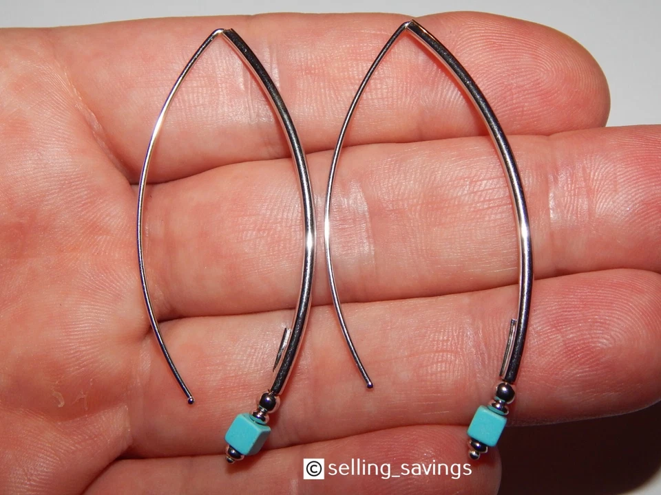 PENDIENTES COLGANTES GANCHO EN ORO BLANCO 14K TURQUESA ITALIANA CORTE CUADRADO 2,3 PULGADAS LARGO Foto 2 de 4