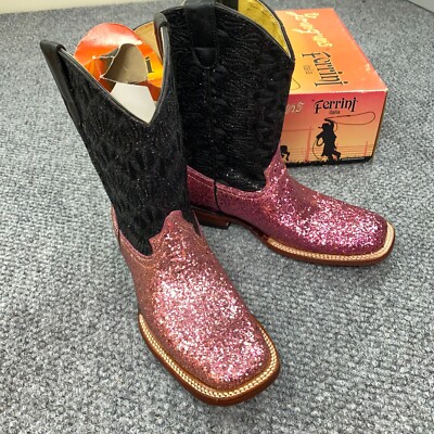 Ferrini Boots Girls Kid Size 3 Pink Pixie Dust Cowgirl Glitter Square Toe