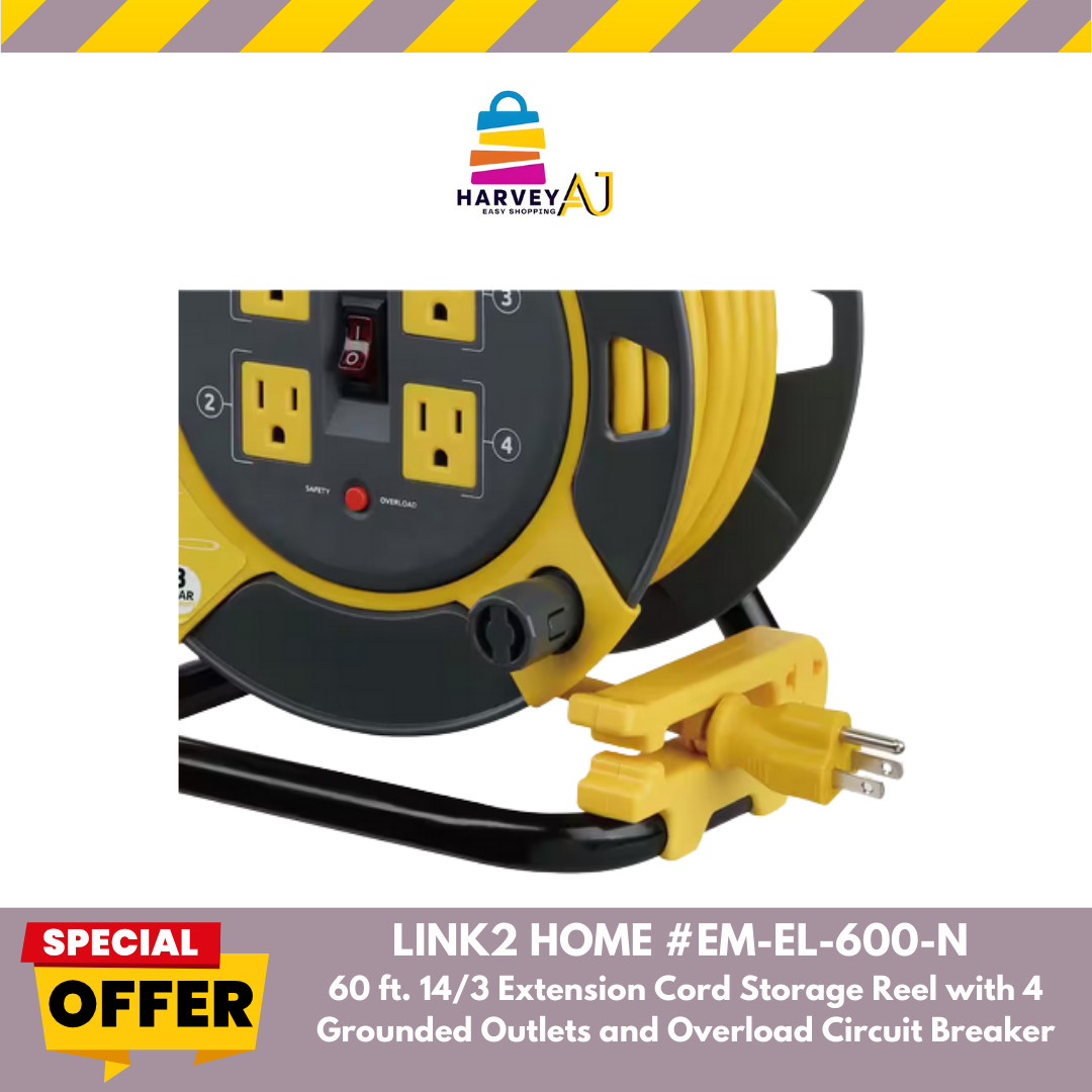 Link2home EM-EL-600-N 60 ft. Extension Cord Reel with 4 Outlets & Circuit Breake