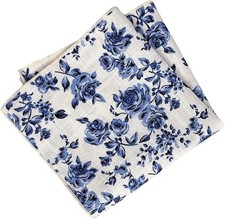 Mens Blue Floral Pocket Square Handkerchief for Men, White