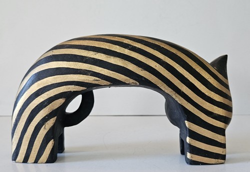 Carved Wood Cat Laurel Burch Style Hand Painted Cat Sculpture. Black & Gold. VTG - Picture 2 of 10