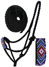 Nylon Horse Western Rope Halter Lead Beaded Noseband 606RTBeadedBlack