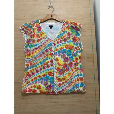 Talbots Womens Medium Floral Cotton Eyelet Trim V-Neck Cap Sleeve Blouse Top