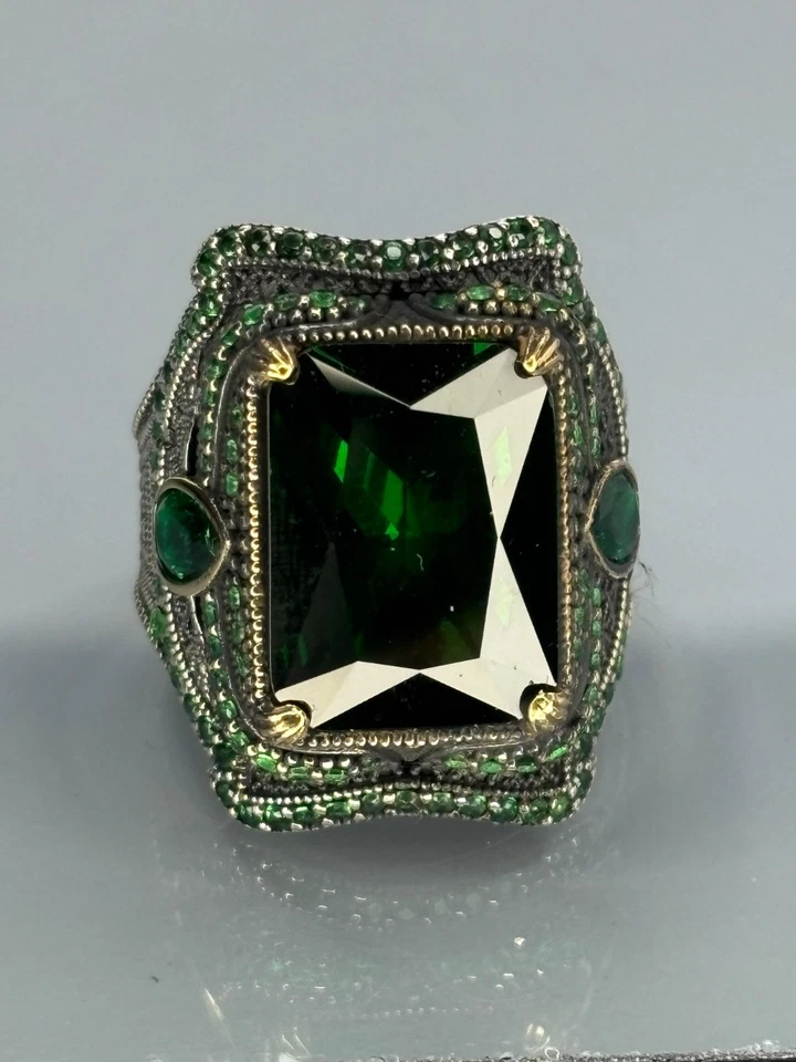 925 Sterling Silver Men Ring Simulated Emerald Green Zircon Turkish Handmade - Image 4 of 4