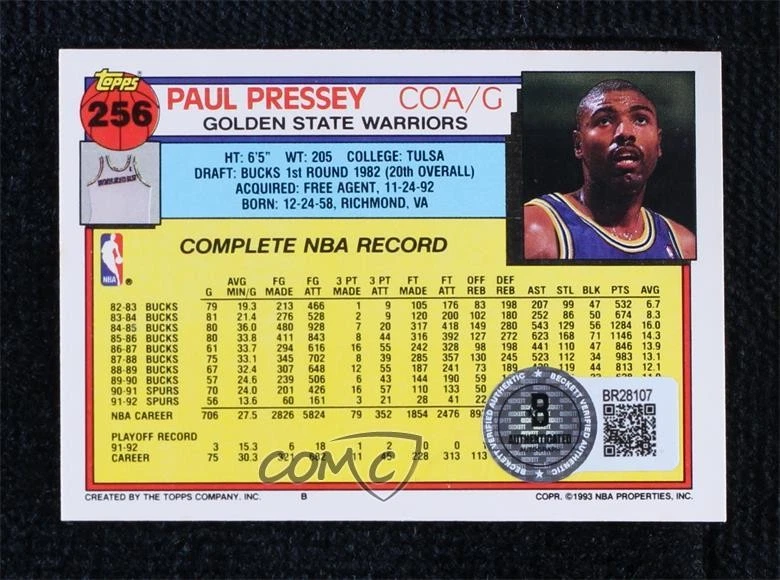 BAS 1992-93 Topps Paul Pressey #256 Beckett Auth Sticker Auto - Image 2 of 2