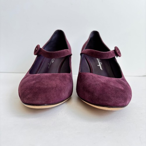 Salvatore Ferragamo Suede Mary Jane Pumps Block Heel Burgundy Size 10 C Narrow - Picture 7 of 14