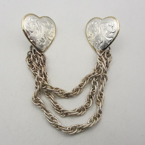Vintage Sweater Guard Etched Hearts Chains Silver Tone