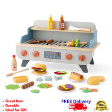 Wooden Tabletop BBQ Grill Playset Kids Realistic Smoke  Sizzle Sound 51pc Food