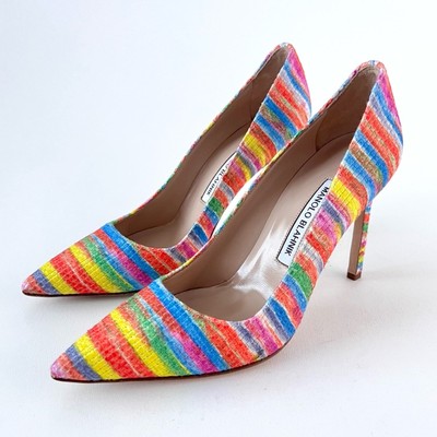 MANOLO BLAHNIK | BB Striped Colorful Rainbow Pointed Pumps Heels