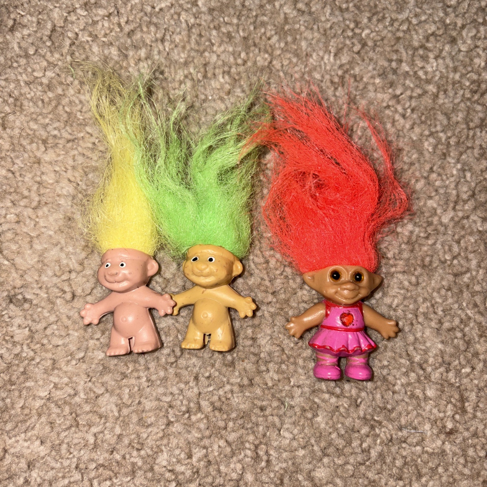 Vintage Small 2” TROLL DOLLS Orange Gemstone & Pink Dress & 2 pencil toppers