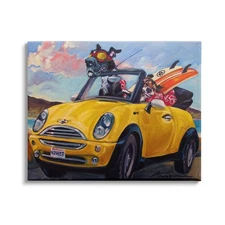 Pet Dogs Yellow Convertible Surfboard Beach Car Canvas Wall Art, 40 x 30