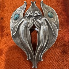 RARE ANTIQUE ART NOUVEAU GORHAM STERLING SILVER TURQUOISE KISSING FAIRY BROOCH