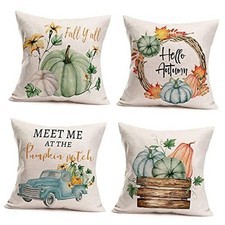 Pumpkin Home Fall Decor Throw 18" x 18" Pack of 4 Orange Green Pumpkin