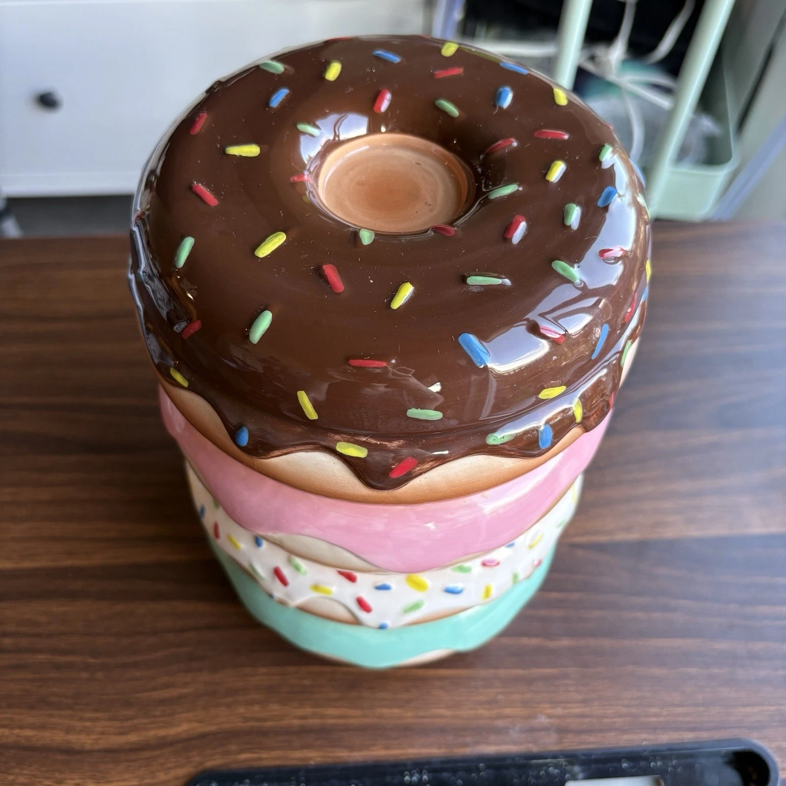 Ceramic Donut Cookie Jar Multicolor with Sprinkles Lid Novelty Food Theme