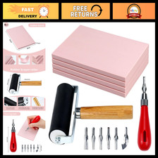 Printmaking Linocut Kit - 4 Soft Rubber Blocks, Brayer Roller Carving Tools -
