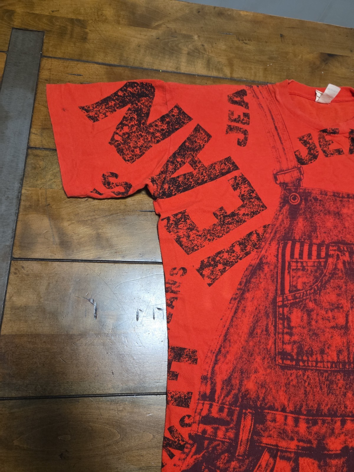 Vintage 90s One Stop Jeans Overalls T Shirt XL OSFA AOP All Over Print Peru Red image 5