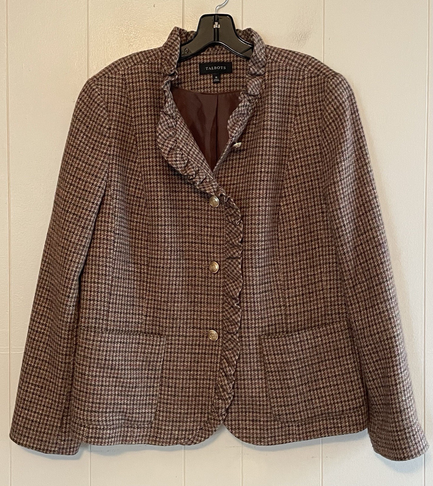 Talbots Brown Tweed Button Up Jacket with Ruffles Women’s Size 16