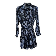 ZARA Blue Black Printed Flounced Shirt Dress M Mini Belted Long Sleeve NWT