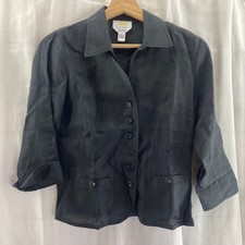 Talbots Petites Irish Linen Black 3/4 Sleeve Button Front Jacket Blazer Size 2