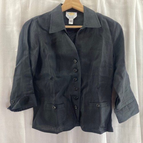Talbots Petites Irish Linen Black 3/4 Sleeve Button Front Jacket Blazer ...
