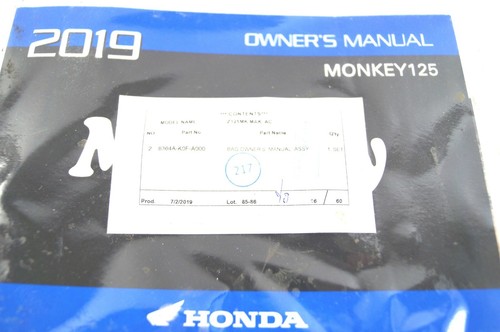 HONDA Monkey 125 2019 Owner's Manual w Motorcycle Riding Tips Booklet EXC E123 - Picture 2 of 4