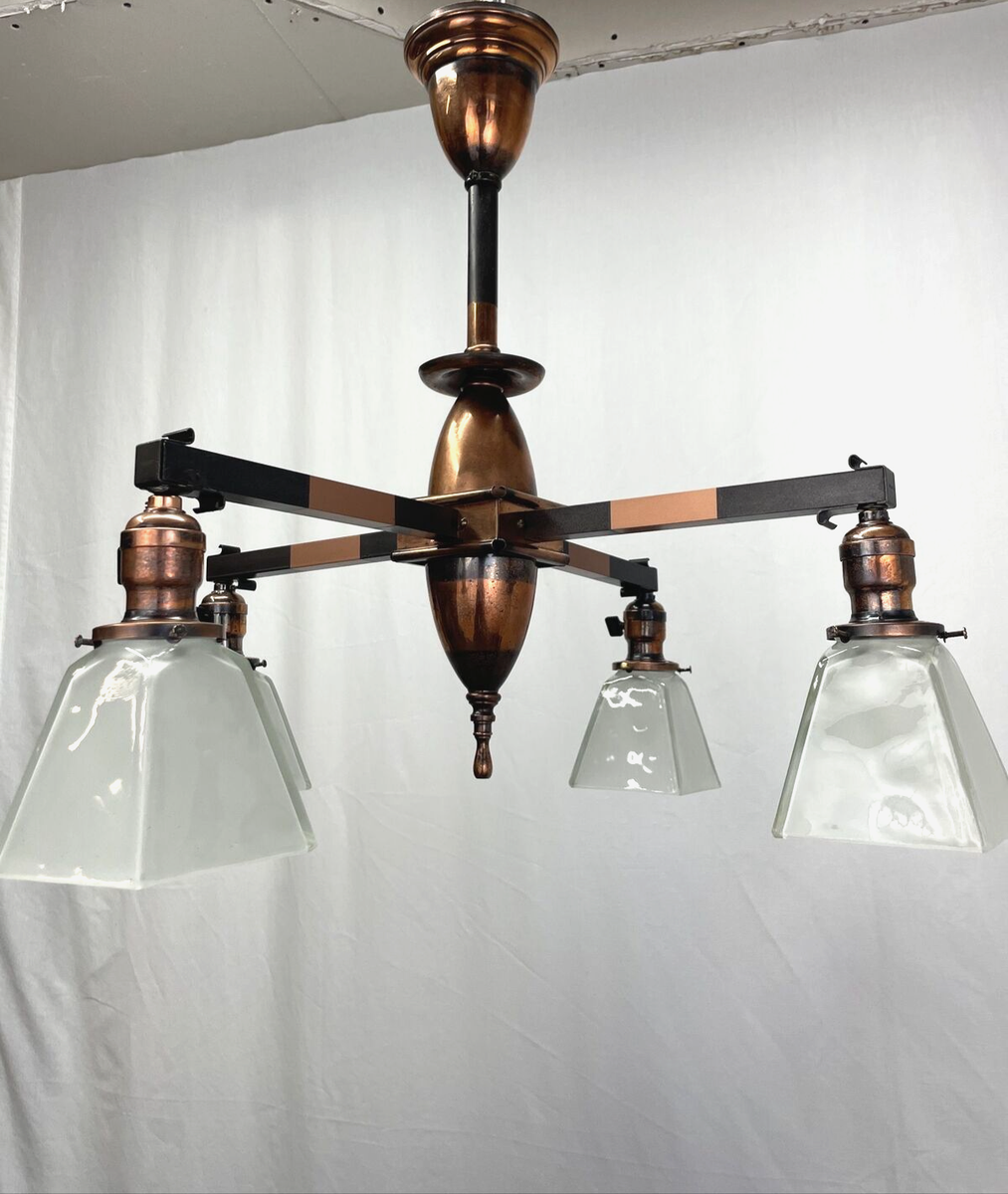 RESTORED Antique Mission Japanned Chandelier Arts & Crafts Deco