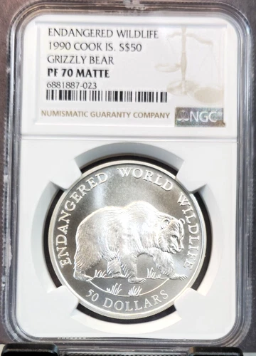 1990 COOK ISLANDS SILVER 50 DOLLARS GRIZZLY BEAR NGC PF 70 MATTE RARE PERECTION