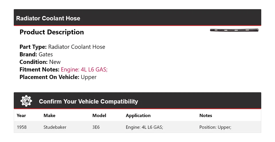 For 1958 Studebaker 3E6 4L L6 GAS Radiator Coolant Hose Upper Gates - Image 2 of 4