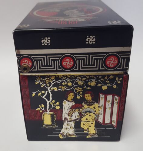 Vtg Chinese Hinged Lid Tea Box Recipes File Metal Asian Black Red Cranes Figures - Picture 19 of 21