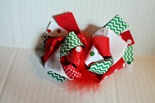 Christmas Hair Bow Clip for Girls 5" Red Green  White Ribbon Bow w/ Feather