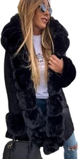Women's Hooded Faux Fur Trim Drawstring Waist Winter Warm Parkas Jackets Bk XL