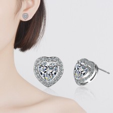 925 Sterling Silver Halo Love Heart CZ Gemstone Stud Earrings Women Girl Gift UK