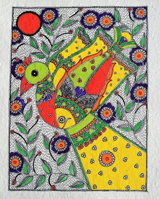 Bird and Fish Madhubani Mithila handmade painting/Home decor / Folk art