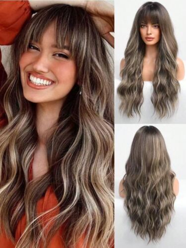 Ombre Wig 28 Inch Long Body Wave Wig With Bangs And Highlights Women's Wig