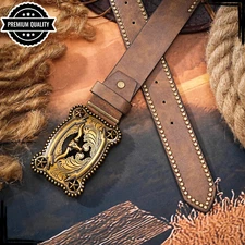 High Quality Mens Cowboy Leather Belt Western Buckle Casual Luxury Strap Brown