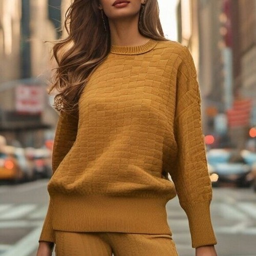 Womens Sweater Balloon Sleeves Wide Basket Wave Stitch Knit Coffee Brown Small - Picture 2 of 14