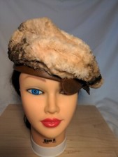 Women's Union Tan Faux Fur Pillbox Hat Ribbon bow Beret Made in USA