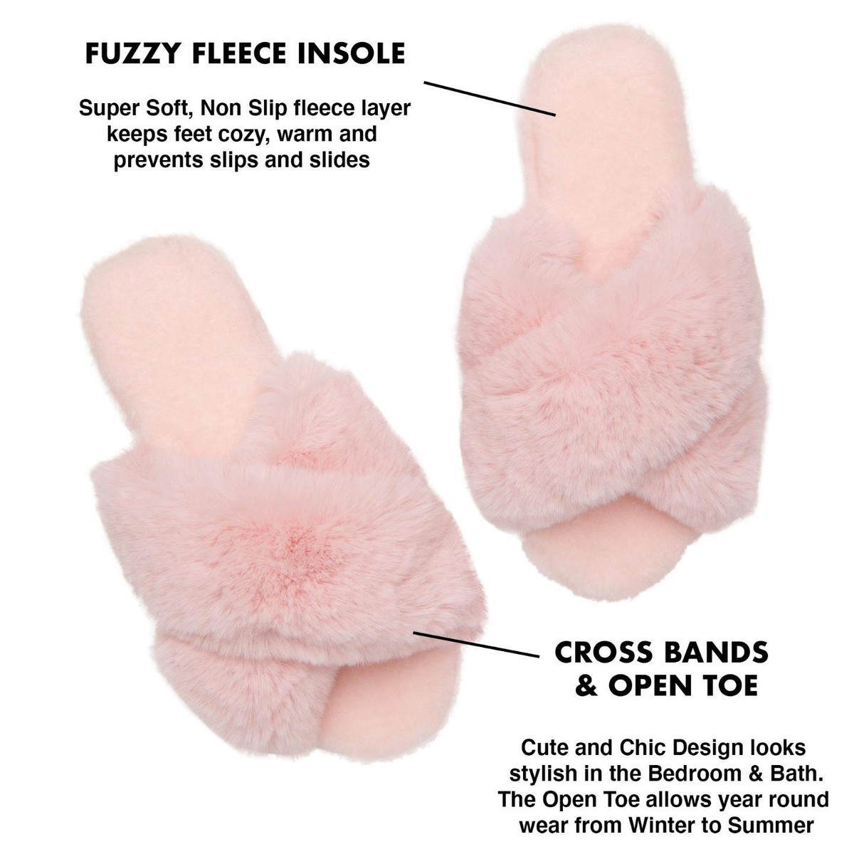 Pink Woman Cross Band Pink Fur Slippers Soft Plush Fuzzy Fluffy
