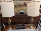Vintage Hollywood Regency Brass Table Lamps w/Orig. Shades & Swirled Blue Glass