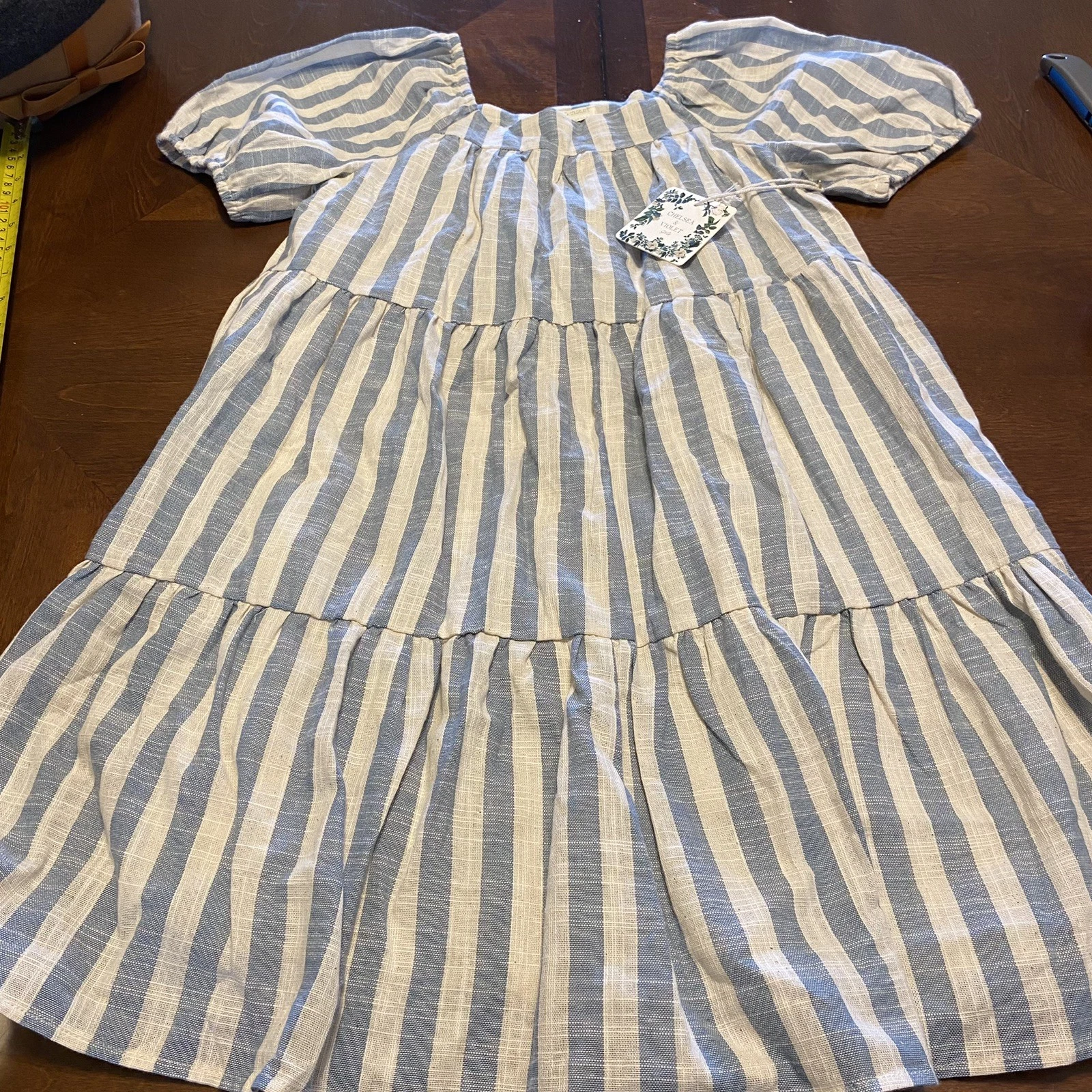NWTChelsea & Violet Lined Dress Girls MED Blue/White SquaRE NECK COTTAGE tiered