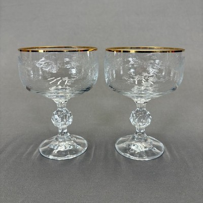 Bohemia Crystal Queens Lace Tall Sherbet Champagne Glass 5'' Set of 2 Gold Trim
